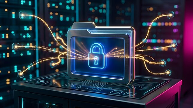 Glowing padlock on a digital folder icon amidst secure data flow in a high-tech server environment, symbolizing robust cybersecurity and network protection for sensitive information.