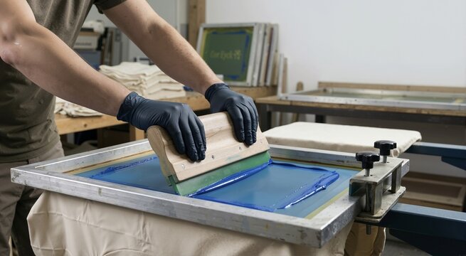 Artisan using a squeegee to print blue ink on fabric. Manual screen printing process in a workshop