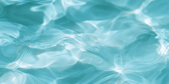 Abstract smooth turquoise liquid water background with bright glassy reflections and fluid waves