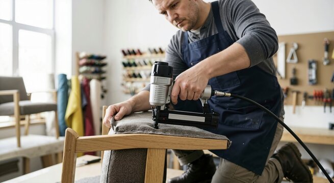 Craftsman using a pneumatic staple gun to attach fabric to a wooden chair. Male upholsterer working on furniture restoration in a workshop