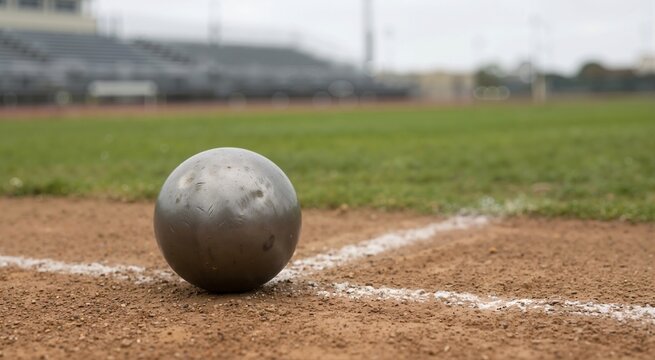 Heavy metal shot put sphere on a dirt track with white lines. Athletic throwing equipment on the ground at an outdoor stadium