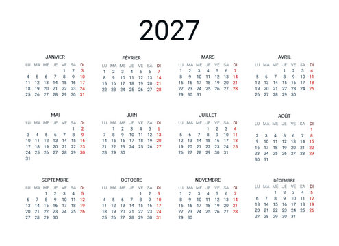 2027 year French calendar in French language. Classical, minimalistic, simple design. White background. Vector Illustration. Week starts from Monday.