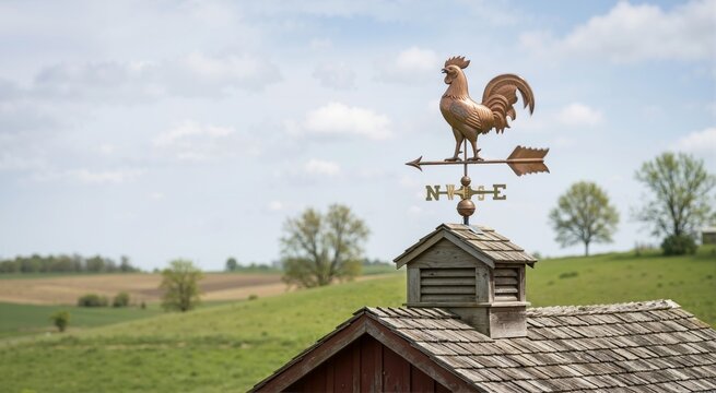 Copper rooster weathervane on a wooden cupola roof indicating wind direction. Traditional weather indicator against a rural farm landscape and blue sky