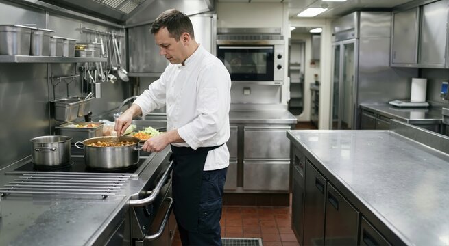 Professional chef cooking in a stainless steel ship galley. Male cook in uniform stirring a large pot on the stove in a commercial marine kitchen