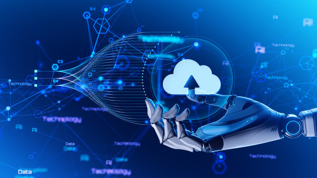 Robot Hand Holding Cloud Computing Icon on Futuristic Technology Network Background