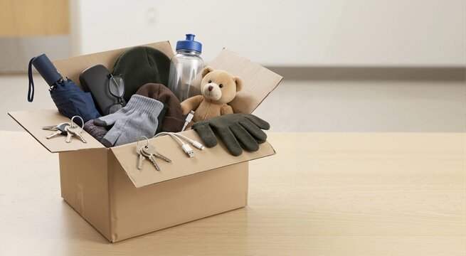 Cardboard box filled with lost and found personal belongings on a wooden table. Collection of misplaced items including keys, gloves, and a teddy bear. Copy space for text