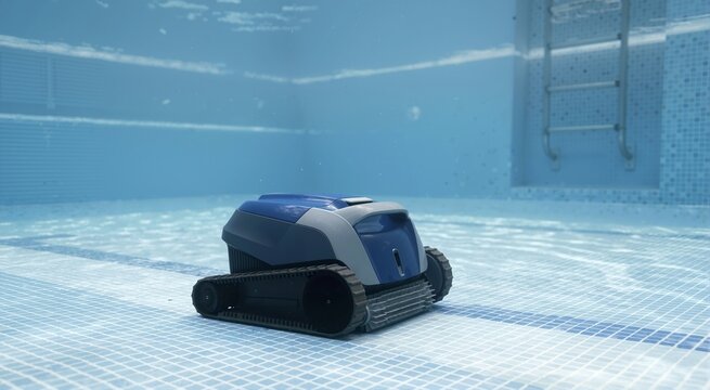 Robotic pool cleaner working underwater on tiled swimming pool floor. Automated vacuum machine scrubbing bottom of clear blue pool