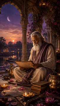 Guru purnima elderly spiritual teacher reading sacred manuscript beneath ornate temple arches at twilight during hindu religious festival devotional learning ceremony artwork scene