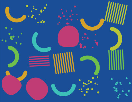 Abstract colorful geometric shapes pattern with circles and lines on a dark blue background isolated on transparent background, Vector