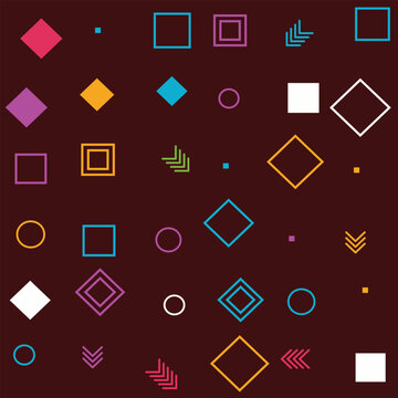 Abstract seamless pattern with colorful geometric shapes like squares and circles on dark red isolated on transparent background, Vector