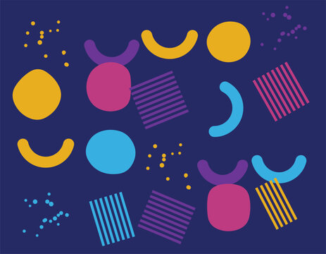 Abstract geometric shapes pattern with colorful circles and lines on a dark purple background isolated on transparent background, Vector
