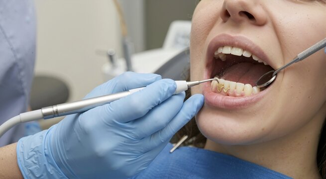 Close up of a dentist using an ultrasonic scaler for calculus removal. Professional dental cleaning and plaque removal procedure on a patient
