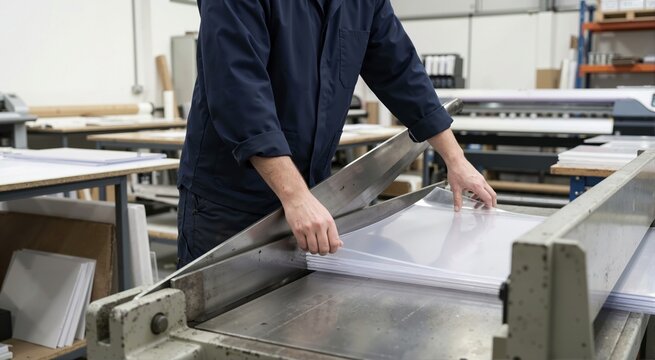 Worker cutting clear plastic sheets with a manual guillotine blade. Hands operating a heavy duty metal cutter in an industrial workshop