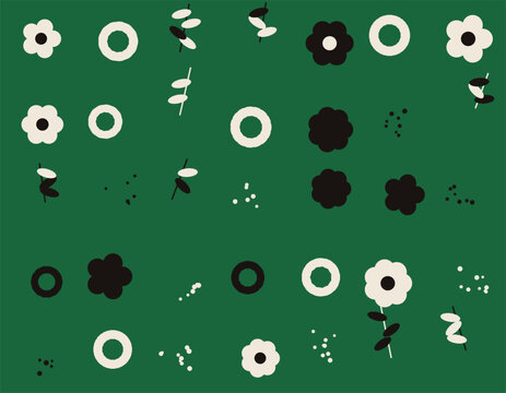 Seamless pattern with cute simple flowers and circles on a dark green background for design isolated on transparent background, Vector