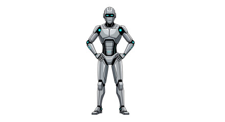 Fototapeta premium Futuristic humanoid robot standing with arms akimbo on white background