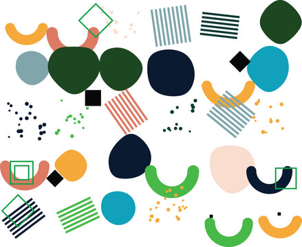 Abstract geometric shapes pattern with colorful circles squares lines and dots in modern style isolated on transparent background, Vector