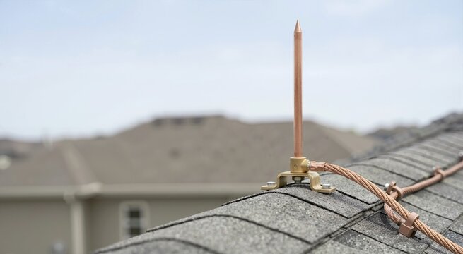 Copper lightning rod installed on a residential roof. Grounding wire and metal spike for electrical storm protection
