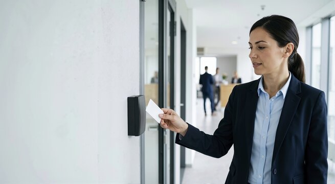 Businesswoman using RFID proximity card to unlock office door. Professional woman scanning security badge at electronic wall reader in modern corporate hallway