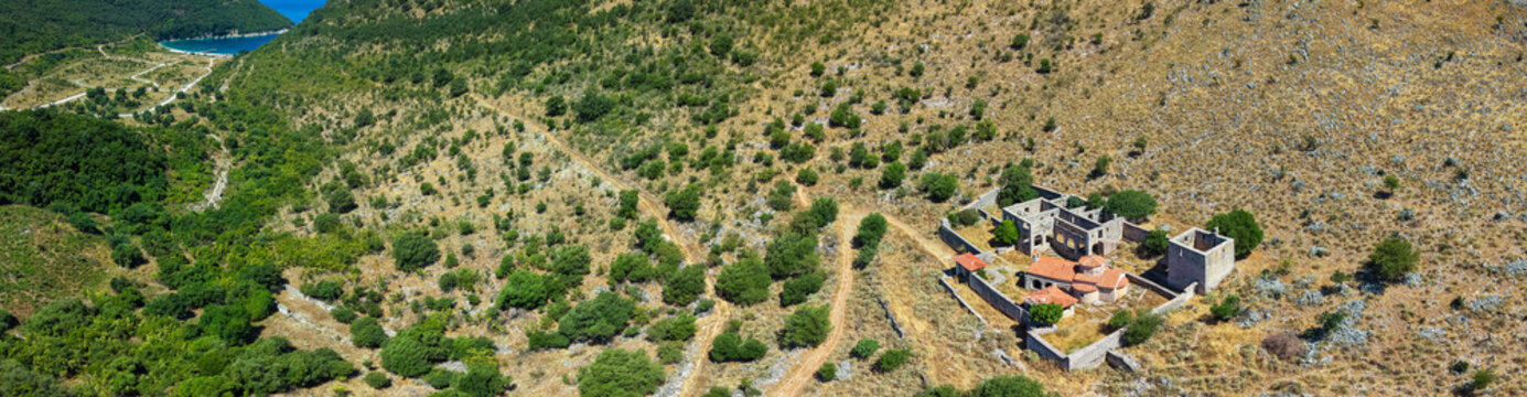 High Angle Aerial View of Old Stone Monastery Near Kakome, Saranda, Albania