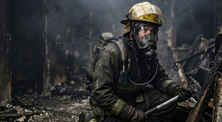 Fototapeta premium Firefighter wearing a breathing apparatus mask in a smoky burned building. First responder crouching with a rescue tool in a destroyed interior