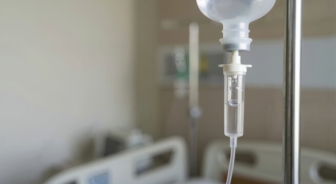 Close-up of an air bubble trapped inside an IV drip chamber. Intravenous medical fluid infusion equipment in a hospital room. Healthcare treatment and patient safety risk concept