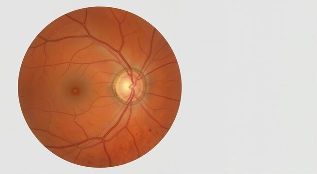 Medical image of a human retina showing the optic disc and blood vessels. Fundus camera scan of the eye for ophthalmology diagnosis. Isolated on white background