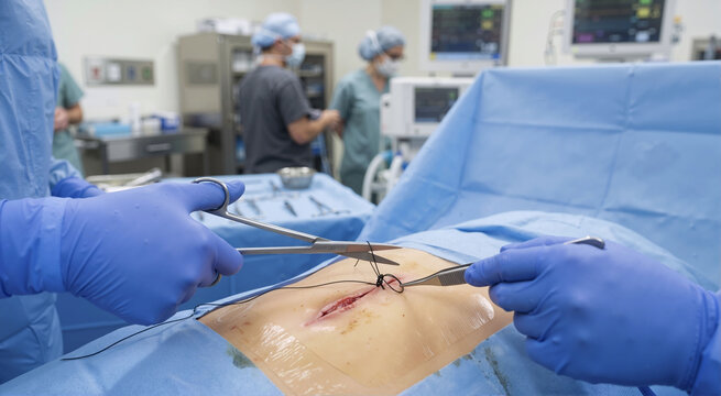 Surgeon hands in blue gloves cutting a suture with surgical scissors. Doctor stitching an abdominal incision wound in the operating room. Medical healthcare procedure
