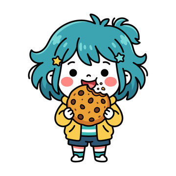 Cute chocolate chip cookie eaten by a chibi girl character with blue hair in flat vector pop art style illustration