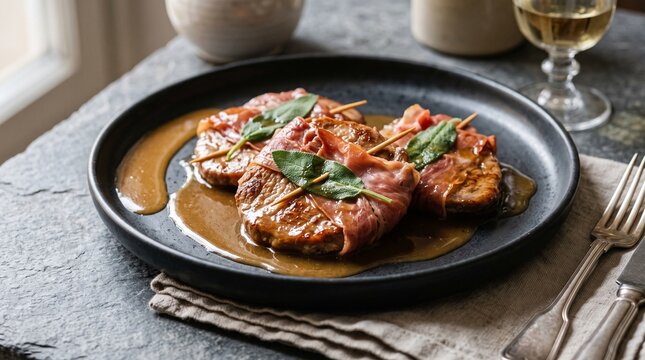 Traditional Italian Saltimbocca alla Romana Veal Cutlets