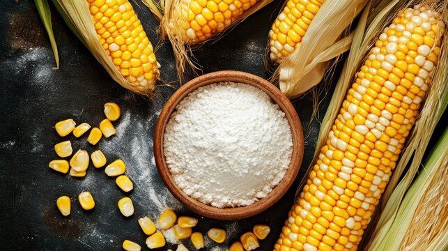 Bowl of corn flour surrounded by fresh corn cobs on dark background.