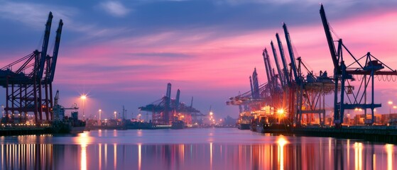 Naklejka premium Sunset view of cranes and shipping containers at a busy port with water reflecting the colors of twilight in the background