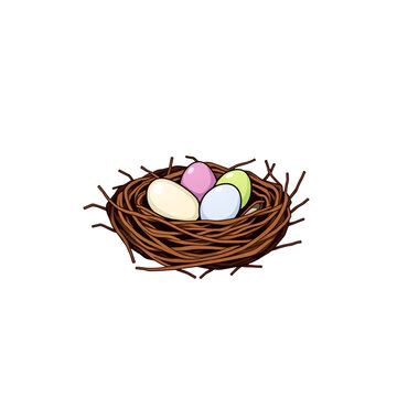 Easter nest icon in brown with colorful eggs for spring holiday themes, isolated vector, clean edges, no shadows, transparent background