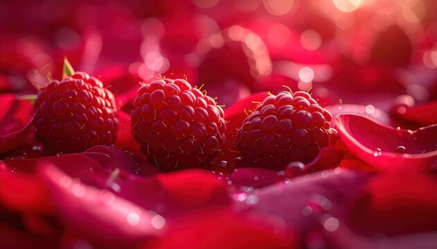 Three ripe raspberries on a bed of red rose petals.