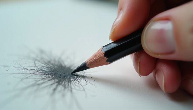 Person hand holds black wooden pencil drawing artistic pattern on white paper sheet. Closeup macro view showing sharp graphite tip creating creative abstract marks. Pro designer makes sketch using