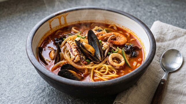 Classic Korean Jjamppong Spicy Seafood Noodle Soup