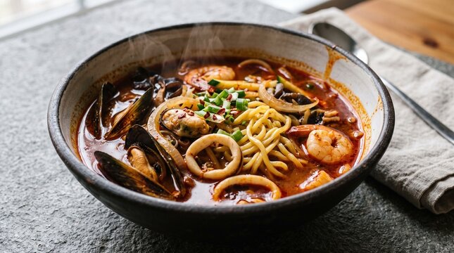 Classic Korean Jjamppong Spicy Seafood Noodle Soup