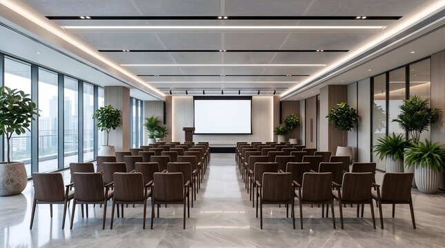 Conference room with rows of wooden chairs and a projection screen