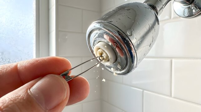 Close up of person using a safety pin to clean mineral buildup from a chrome shower head against white subway tile wall