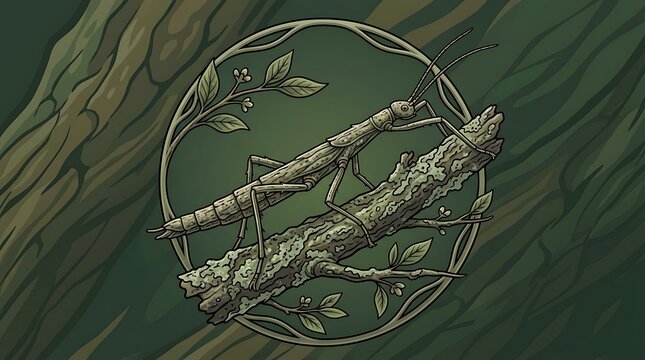 Stick insect camouflaged on a branch within a circular vine frame