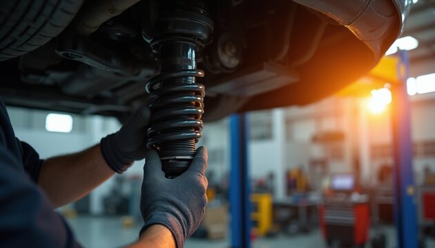 Pro mechanic installs car shock absorber in modern auto repair shop. Specialist uses gloves to fix vehicle suspension system during maintenance. Automotive technician performs automobile service to
