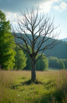 Lone leafless tree stands in center of green meadow within rural village landscape. Dry bare branches reach towards blue sky during calm autumn day. Scenic countryside field environment features