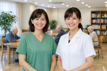 Fototapeta premium 医療従事者の女性2人が笑顔で目線介護現場の温かい雰囲気