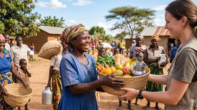 Humanitarian aid worker giving fresh food basket to happy African woman in rural village. International Humanitarian Day charity project, community support, poverty relief concept.