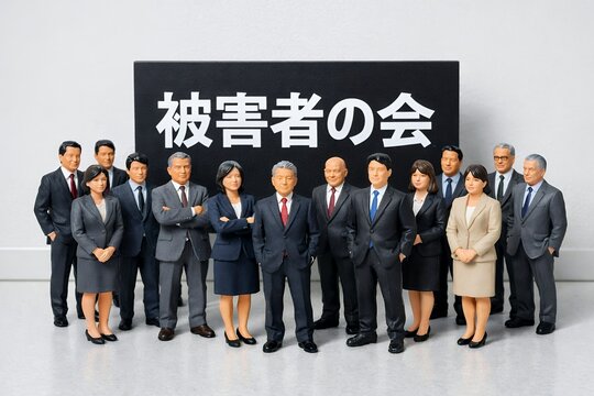 被害者の会として結束する多数のビジネスパーソンフィギュア