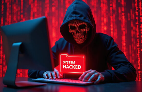 Masked figure in hood types on keyboard. Glowing skull face, red matrix code background, system hacked alert. Cybercrime concept, data breach, online danger.