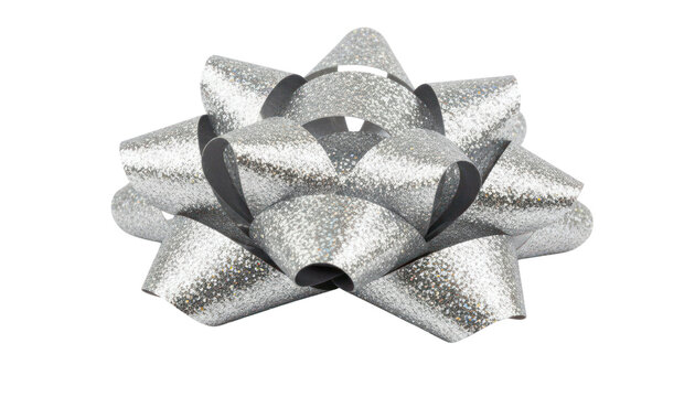 Metallic silver gift bow on white background, shiny ribbon decoration, holiday present wrapping and celebration accessory PNG