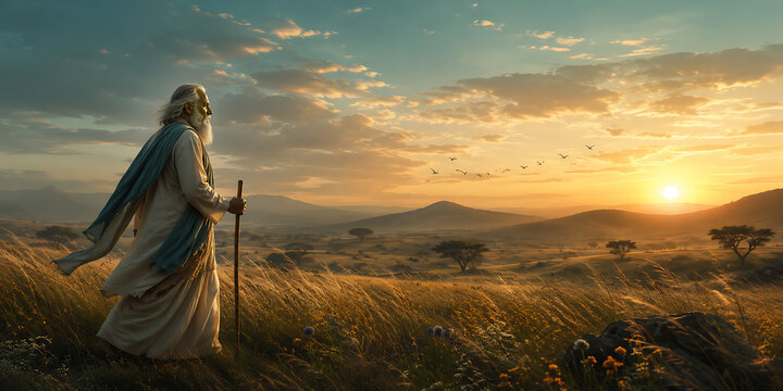 Guru purnima elderly spiritual guru walking across golden grassland at sunset with staff birds mountains and peaceful hindu religious festival journey spiritual pilgrimage