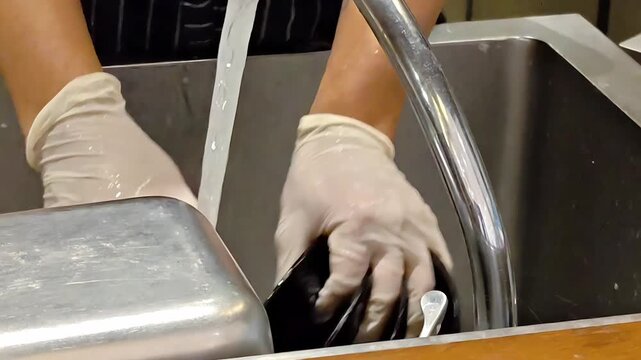 Chef hands cleaning plates and dishes in a steel kitchen sink, Restaurant Hygiene, Household Chore, Washing Duty, Daily Life