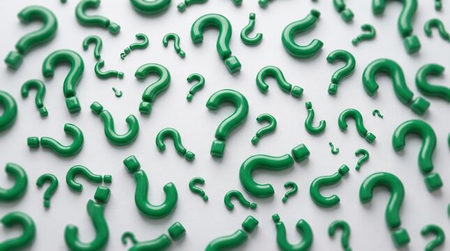 Green question marks scattered on white background.
