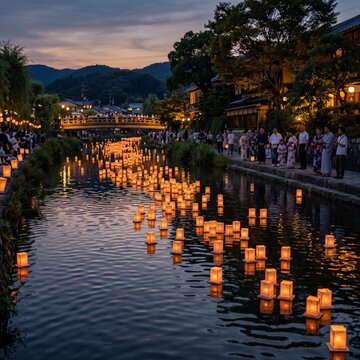 Paper Lanterns Floating on River at Dusk During Obon Festival